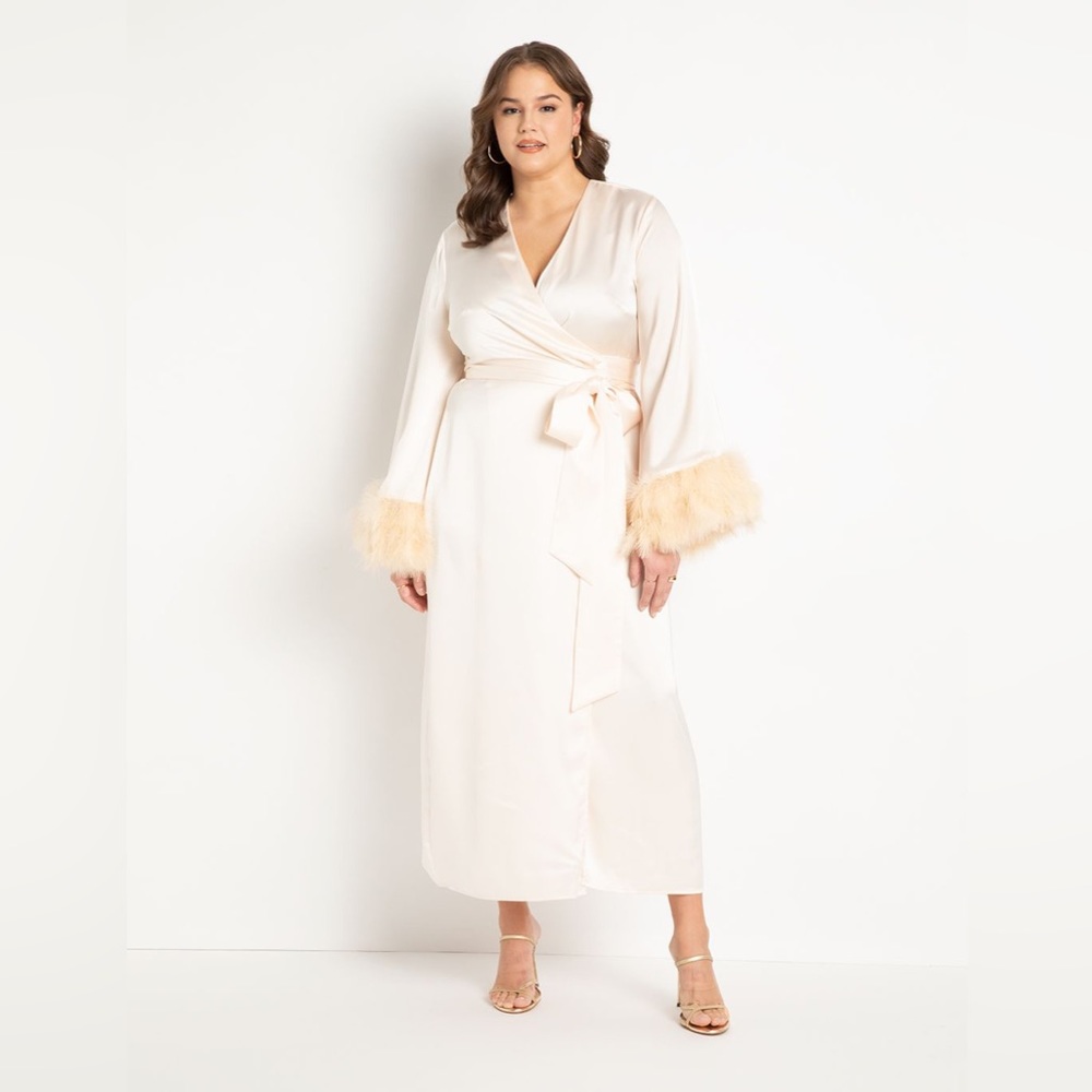 Satin Maxi Dress with Feather Trim